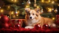 Corgi Christmas background. Xmas Welsh Corgi Pembroke dog portrait wearing Christmas red sweater for Christmas postcard Royalty Free Stock Photo