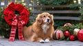 Corgi Christmas background. Xmas Welsh Corgi Pembroke dog portrait wearing Christmas red sweater for Christmas postcard Royalty Free Stock Photo