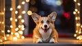 Corgi Christmas background. Xmas Welsh Corgi Pembroke dog portrait wearing Christmas red sweater for Christmas postcard Royalty Free Stock Photo