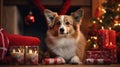 Corgi Christmas background. Xmas Welsh Corgi Pembroke dog portrait wearing Christmas red sweater for Christmas postcard Royalty Free Stock Photo