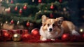 Corgi Christmas background. Xmas Welsh Corgi Pembroke dog portrait wearing Christmas red sweater for Christmas postcard Royalty Free Stock Photo