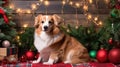 Corgi Christmas background. Xmas Welsh Corgi Pembroke dog portrait wearing Christmas red sweater for Christmas postcard Royalty Free Stock Photo