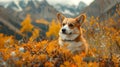 Corgi dog amidst flowers and mountains in a natural landscape