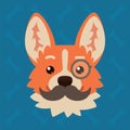 Corgi dog emotional head with monocle and moustache. Vector illustration of cute dog in flat style shows intelligent