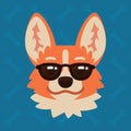 Corgi dog emotional head in sunglasses. Vector illustration of cute dog in flat style shows emotion. Cool emoji. Smiley