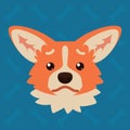 Corgi dog emotional head. Vector illustration of cute dog in flat style shows negative emotion. Sad emoji. Smiley icon