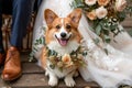 Corgi dog with floral wreath sitting between bride and groom Royalty Free Stock Photo