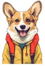 corgi dog pet in camping yellow jacket happy smile cartoon vector travel vacation