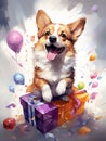 Corgi dog play with colorful gift box. AI Generate