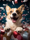 Corgi dog play with colorful gift box. AI Generate