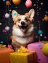 Corgi dog play with colorful gift box. AI Generate