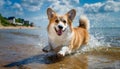 corgi dog playing on the beach in summer running on the water