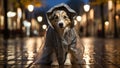 Corgi dog in a raincoat on the street at night