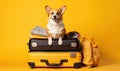 Corgi dog sitting atop suitcases. Created with AI