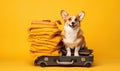 Corgi dog sitting atop suitcases. Created with AI