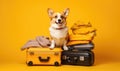 Corgi dog sitting atop suitcases. Created with AI