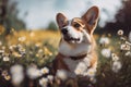 a corgi dog sitting in a field of daisies Royalty Free Stock Photo