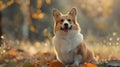 a corgi dog is sitting on a pile of leaves in the woods Royalty Free Stock Photo