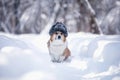 corgi dog sitting in a winter cold park in the snow in a warm fur hat with earflaps