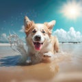 Corgi dog summer beach activity. Dog pembroke welsh corgi breed in swimming. Royalty Free Stock Photo