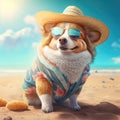 Corgi dog summer beach attire outfit. Summer pembroke welsh corgi cute doggy wearing cute clothes, hat and sunglasses. Royalty Free Stock Photo