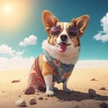 Corgi dog summer beach attire. Summer cute dog pembroke welsh corgi breed wearing sunglasses Royalty Free Stock Photo