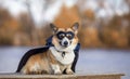 Corgi dog in a superhero carnival costume in a black mask and raincoat sitting on the shore and smiling