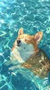 Corgi dog swims in the pool, in cartoon style, in anime aesthetic,pastel colors, cute and dreamy