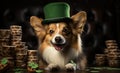 Corgi dog wearing a green hat celebrating St. Patrick\'s Day. Royalty Free Stock Photo