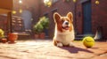 corgi dog in the yard with a tennis ball