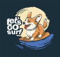 Corgi moon surfer cool summer t-shirt print. Dog midnight ride surfboard on big wave.