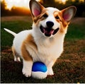 corgi puppy playing with a ball