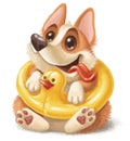 Corgi puppy sitting in a yellow duck swimming ring