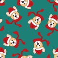 Corgi Santa Claus with Red Scarf on Green Background. Vector Illustration