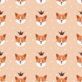 Corgi seamless pattern. Cute dog faces with crowns. Vector background