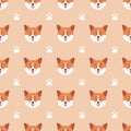 Corgi seamless pattern. Cute dog faces and paw prints. Vector Royalty Free Stock Photo