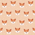 Corgi seamless pattern. Cute dog faces and polka dot background