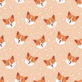 Corgi seamless pattern. Cute dog faces and polka dot background