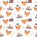 Corgi seamless pattern. Smiling dog faces and letterings. Vector background