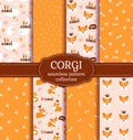 Corgi seamless patterns. Vector set with cute puppies