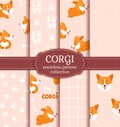 Corgi seamless patterns. Vector set with cute puppies