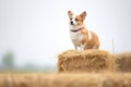 corgi standing on a hay bale