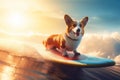 Corgi surfboard sunset. Generate Ai Royalty Free Stock Photo