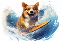 A corgi surfer dog floating on a surfboard in large waves on a white isolated background Royalty Free Stock Photo