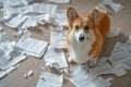 corgi surrounded by shredded tax forms on the floor Royalty Free Stock Photo