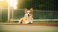 corgi on the tennis court