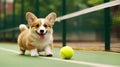 corgi on the tennis court with tennis ball