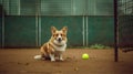 corgi on the tennis court with tennis ball