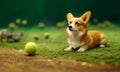 corgi on the tennis court with tennis balls