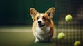 corgi on the tennis court with tennis balls